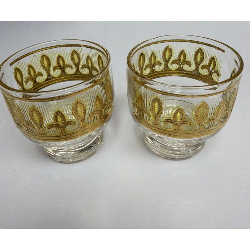 MCM Culver Fleur De Lis Lowball Glasses Set of 4 22KG Gold Citrine Yellow 1960s
